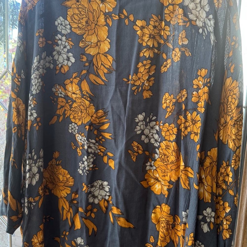 Anthropologie Andersen & Lauth Blue Kimono with Orange and Cream Floral Motif